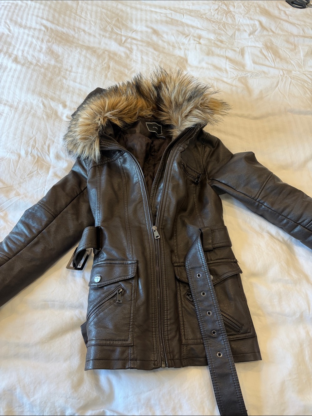 le chateau Dark Brown Faux Leather Hooded Jacket with Fur Trim